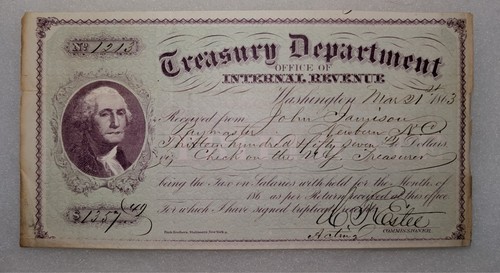 1863 treasury dept receipt - 1863, dept.